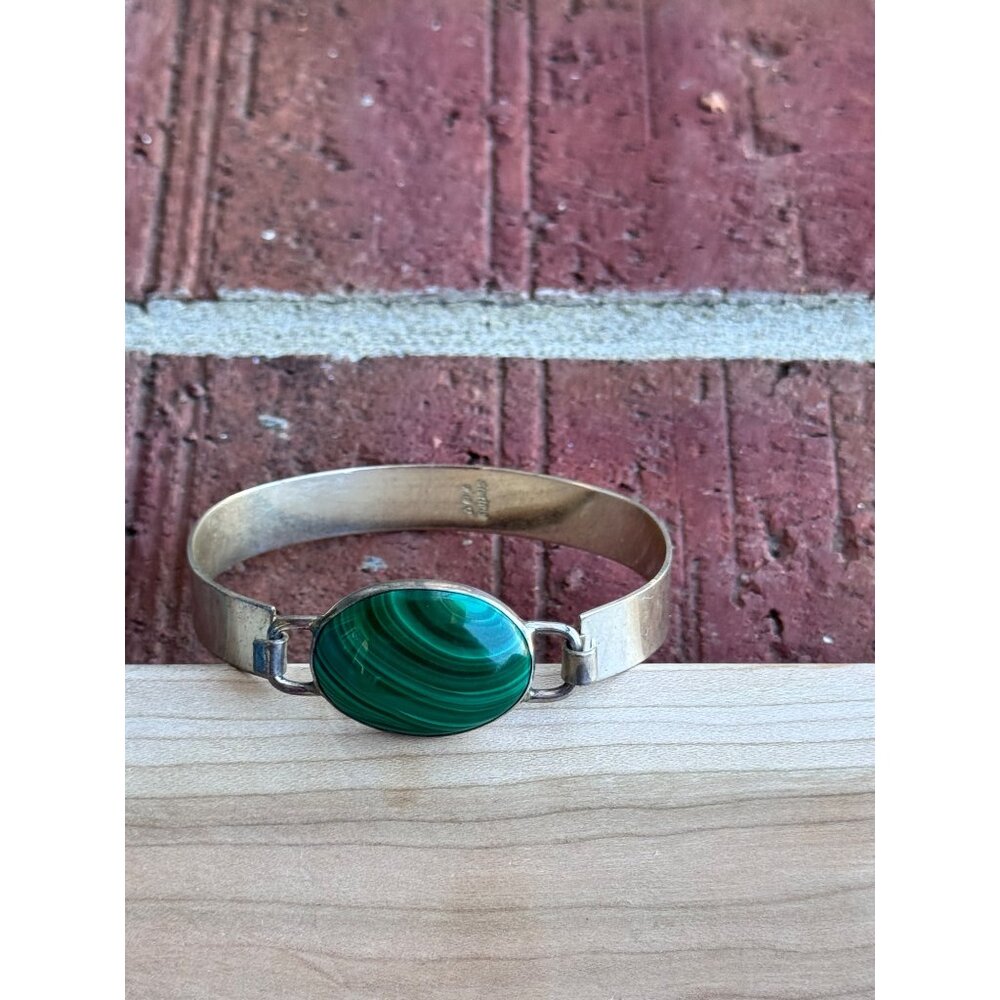 Sterling Silver Malachite Oval Bracelet 925 Vintage - Picture 1 of 7